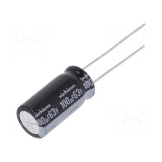 Capacitor: electrolytic | THT | 100uF | 63VDC | Ø10x20mm | Pitch: 5mm