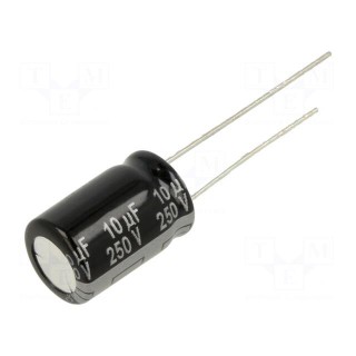 Capacitor: electrolytic | THT | 10uF | 250VDC | Ø10x16mm | Pitch: 5mm