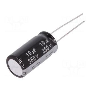 Capacitor: electrolytic | THT | 10uF | 350VDC | Ø10x20mm | Pitch: 5mm