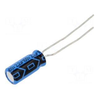 Capacitor: electrolytic | THT | 2.2uF | 100VDC | Pitch: 2mm | ±20% | 2000h
