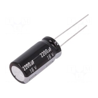 Capacitor: electrolytic | THT | 2200uF | 16VDC | Ø12.5x25mm | Pitch: 5mm