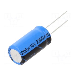 Capacitor: electrolytic | THT | 2200uF | 16VDC | Pitch: 5mm | ±20%