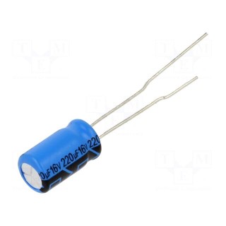 Capacitor: electrolytic | THT | 220uF | 16VDC | Pitch: 2.5mm | ±20%
