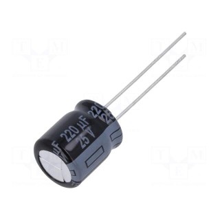 Capacitor: electrolytic | THT | 220uF | 25VDC | Ø10x12.5mm | Pitch: 5mm