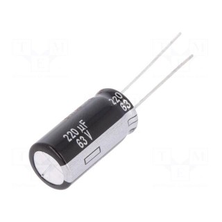 Capacitor: electrolytic | THT | 220uF | 63VDC | Ø10x20mm | Pitch: 5mm