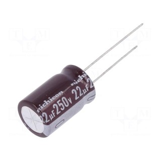 Capacitor: electrolytic | THT | 22uF | 250VDC | Ø12.5x20mm | Pitch: 5mm