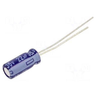 Capacitor: electrolytic | THT | 22uF | 35VDC | Ø5x11mm | Pitch: 2.5mm