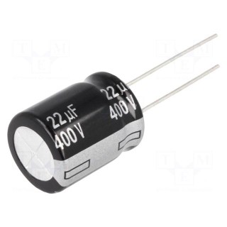 Capacitor: electrolytic | THT | 22uF | 400VDC | Ø16x20mm | Pitch: 7.5mm