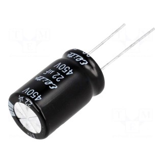 Capacitor: electrolytic | THT | 22uF | 450VDC | Ø16x25mm | Pitch: 7.5mm