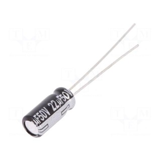 Capacitor: electrolytic | THT | 22uF | 50VDC | Ø5x11mm | Pitch: 2mm | ±20%