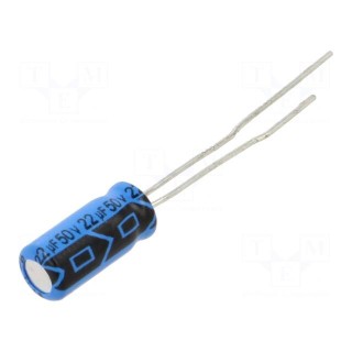 Capacitor: electrolytic | THT | 22uF | 50VDC | Pitch: 2mm | ±20% | 10000h