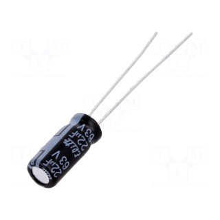 Capacitor: electrolytic | THT | 22uF | 63VDC | Ø5x11mm | Pitch: 2mm | ±20%