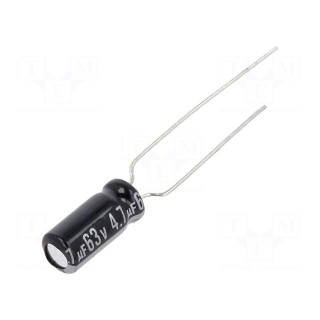 Capacitor: electrolytic | THT | 4.7uF | 63VDC | Ø5x11mm | Pitch: 5mm