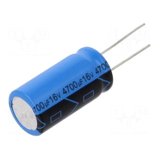 Capacitor: electrolytic | THT | 4700uF | 16VDC | Pitch: 7.5mm | ±20%