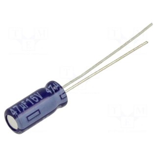 Capacitor: electrolytic | THT | 47uF | 16VDC | Ø5x11mm | Pitch: 2mm | ±20%