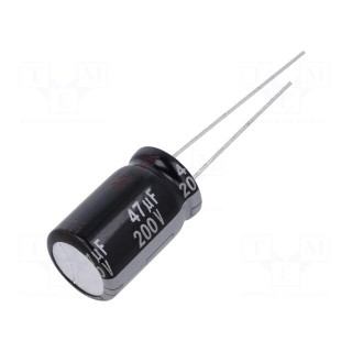 Capacitor: electrolytic | THT | 47uF | 200VDC | Ø12.5x20mm | Pitch: 5mm