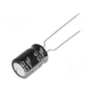 Capacitor: electrolytic | THT | 47uF | 63VDC | Ø8x11.5mm | Pitch: 5mm