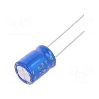 Capacitor: electrolytic | THT | 820uF | 6.3VDC | Ø10x12mm | Pitch: 5mm