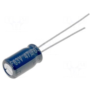 Capacitor: electrolytic | 47uF | 63VDC | Ø6.3x11.2mm