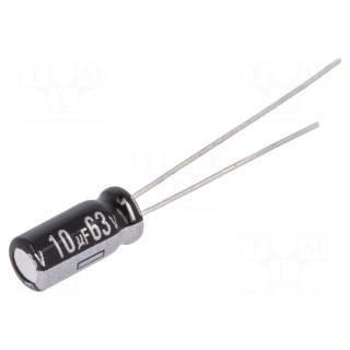 Capacitor: electrolytic | THT | 10uF | 63VDC | Ø5x11mm | Pitch: 2mm | ±20%