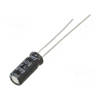 Capacitor: electrolytic | THT | 1uF | 50VDC | Ø5x11mm | Pitch: 2mm | ±20%