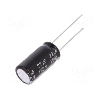 Capacitor: electrolytic | THT | 22uF | 160VDC | Ø10x20mm | Pitch: 5mm