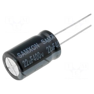 Capacitor: electrolytic | THT | 22uF | 400VDC | Ø12.5x20mm | Pitch: 5mm