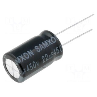 Capacitor: electrolytic | THT | 22uF | 450VDC | Ø12.5x20mm | Pitch: 5mm