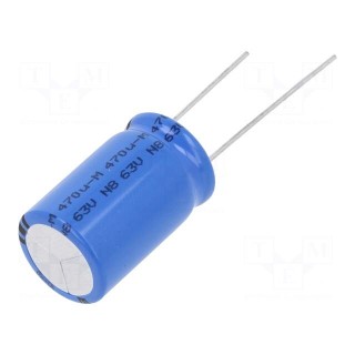 Capacitor: electrolytic | THT | 470uF | 63VDC | Ø16x25mm | Pitch: 7.5mm