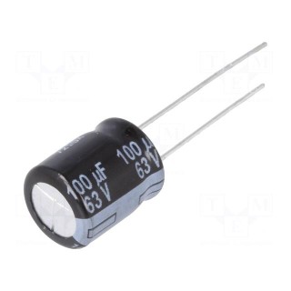 Capacitor: electrolytic | low ESR | THT | 100uF | 63VDC | Ø10x12.5mm