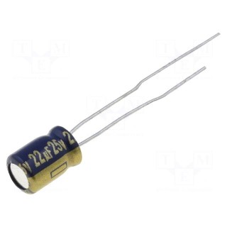 Capacitor: electrolytic | low ESR | THT | 22uF | 25VDC | Ø5x7mm | ±20%