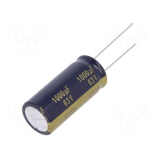 Capacitor: electrolytic | low ESR | THT | 1000uF | 63VDC | Ø16x35.5mm