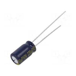 Capacitor: electrolytic | low ESR | THT | 220uF | 10VDC | Ø6.3x11.2mm