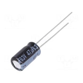 Capacitor: electrolytic | low ESR | THT | 47uF | 63VDC | Ø6.3x11.2mm