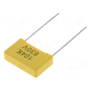 Capacitor: polyester | 100nF | 630VDC | Pitch: 15mm | ±10% | 18x5x11mm