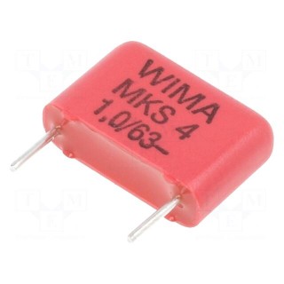 Capacitor: polyester | 1uF | 40VAC | 63VDC | Pitch: 10mm | ±10% | 4x9x13mm