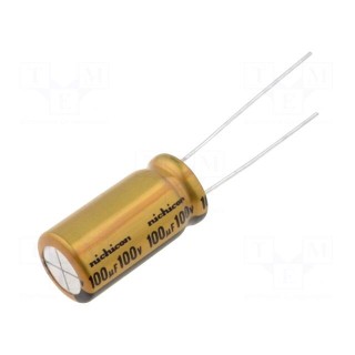 Kondensators: elektrolītiskais | THT | 100uF | 100VDC | Ø10x20mm | Solis: 5 mm