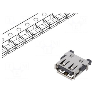 Socket | USB A | SMT | PIN: 4 | horizontal | middle board mount | USB 2.0