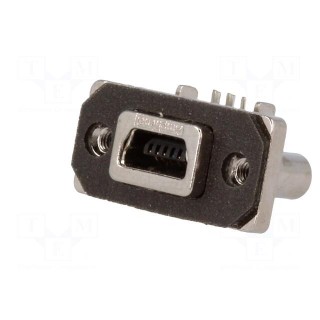 Socket | USB B mini | MUSB | on PCBs,for panel mounting,screw | THT