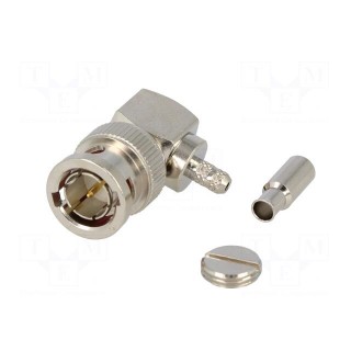 Plug | BNC | male | angled 90° | 75Ω | crimped | for cable | delrin (POM)