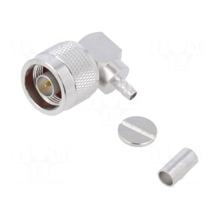 Plug | N | male | angled 90° | 50Ω | soldering,crimped | for cable | PTFE