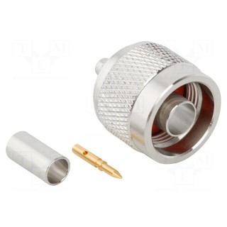 Plug | N | male | straight | 50Ω | crimped | for cable | PTFE | gold-plated