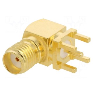 Plug | SMA | female | angled 90° | 50Ω | THT | for cable | PTFE | Mat: brass