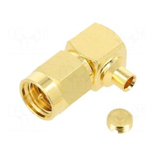 Plug | SMA | male | angled 90° | 50Ω | soldering | for cable | PTFE
