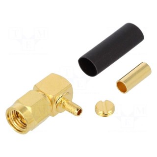 Plug | SMA | male | angled 90° | 50Ω | soldering | for cable | teflon