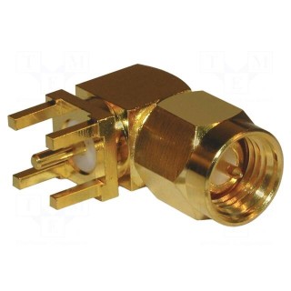 Plug | SMA | male | angled 90° | 50Ω | THT | for cable | PTFE | gold-plated