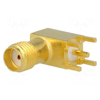 Socket | SMA | female | angled 90° | 50Ω | THT | on PCBs | POM | gold-plated