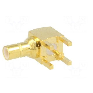 Socket | SMB | male | angled 90° | 50Ω | THT | on PCBs | PTFE | gold-plated