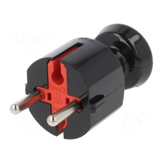 Connector: AC supply | male | plug | 2P | 250VAC | 16A | black | for cable