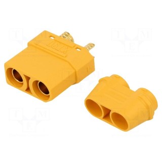 Plug | DC supply | XT90 | female | PIN: 2 | for cable | soldering | yellow